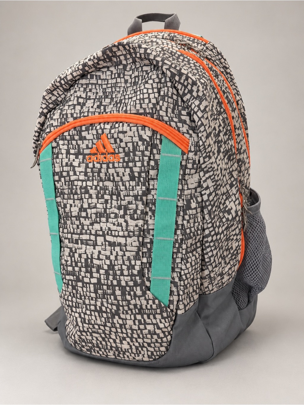adidas Gray Cream Patterned Backpack with Orange Accents and Teal Straps
